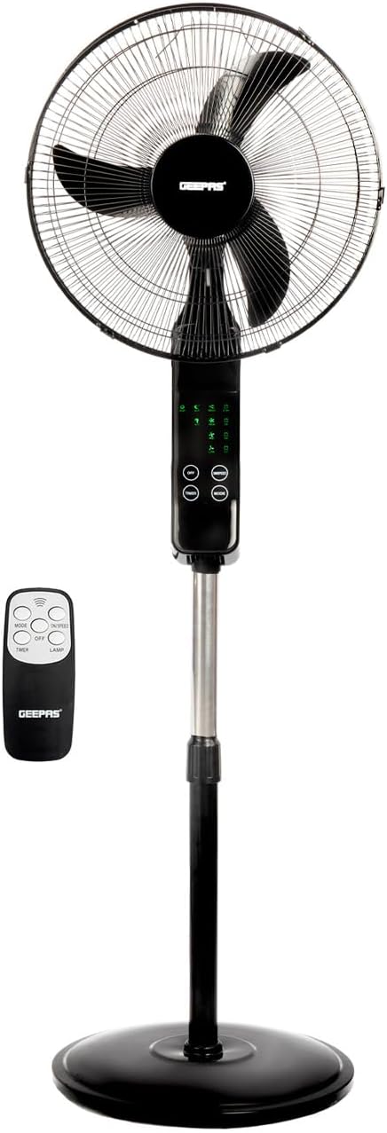 Geepas GF9466 16" Stand Fan With Remote Control 50W - 3 Speed, 5 Leaf Blade, Adjustable Height & Tilt Setting With Led Display | Auto Off