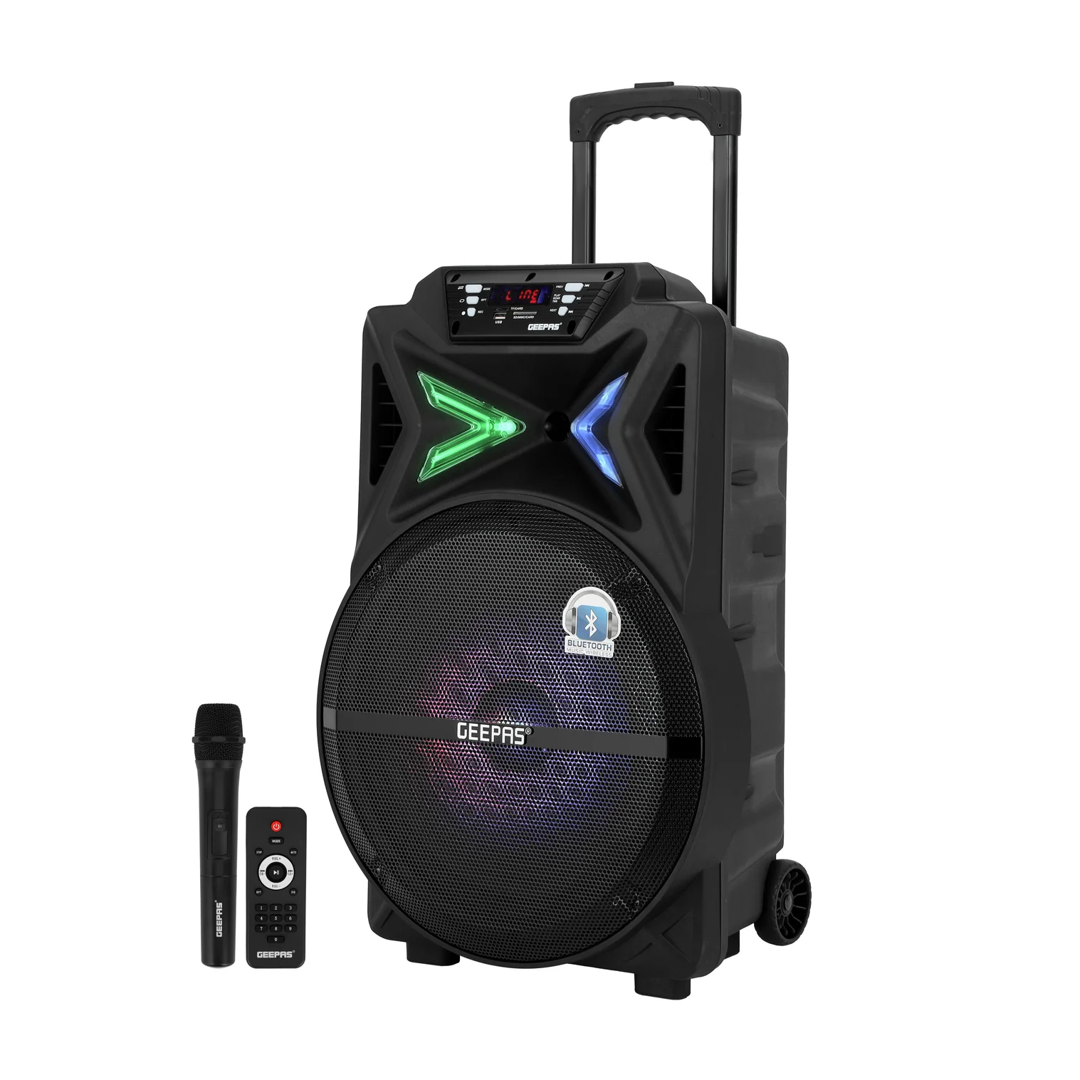 Geepas GMS11131 Rechargeable Trolley Bluetooth Speaker - Wireless Microphones, Rechargeable Battery |Karaoke DJ Speaker |Trolley Handle, USB & Auxiliary Inputs
